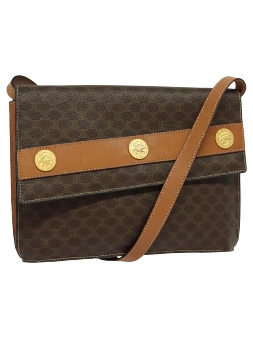 Authentic CELINE Macadam Canvas Coin Shoulder Bag PVC Leather Brown Gold